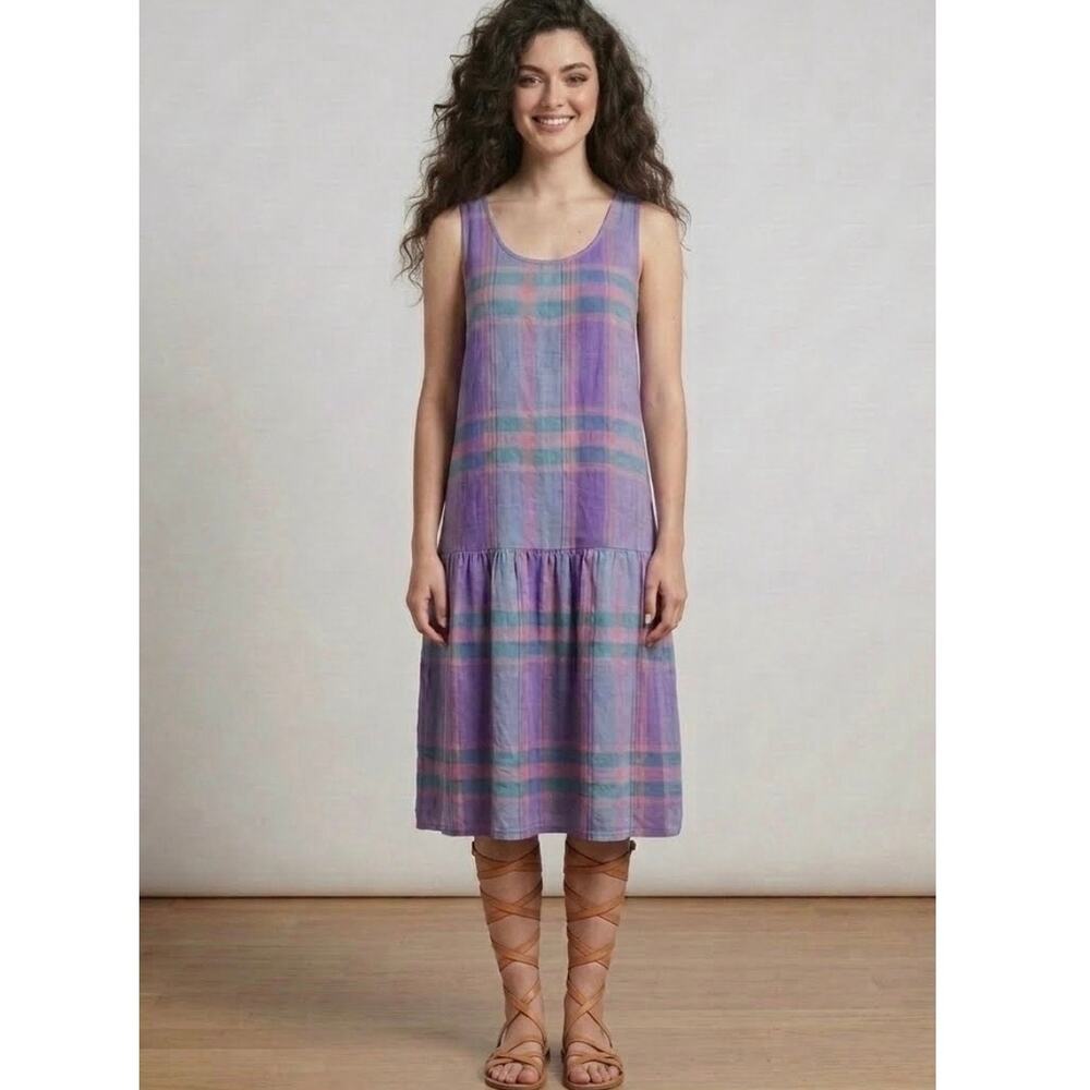 Vintage 80s Madras Plaid Small Drop Waist Maternity Cottagecore Preppy Dress